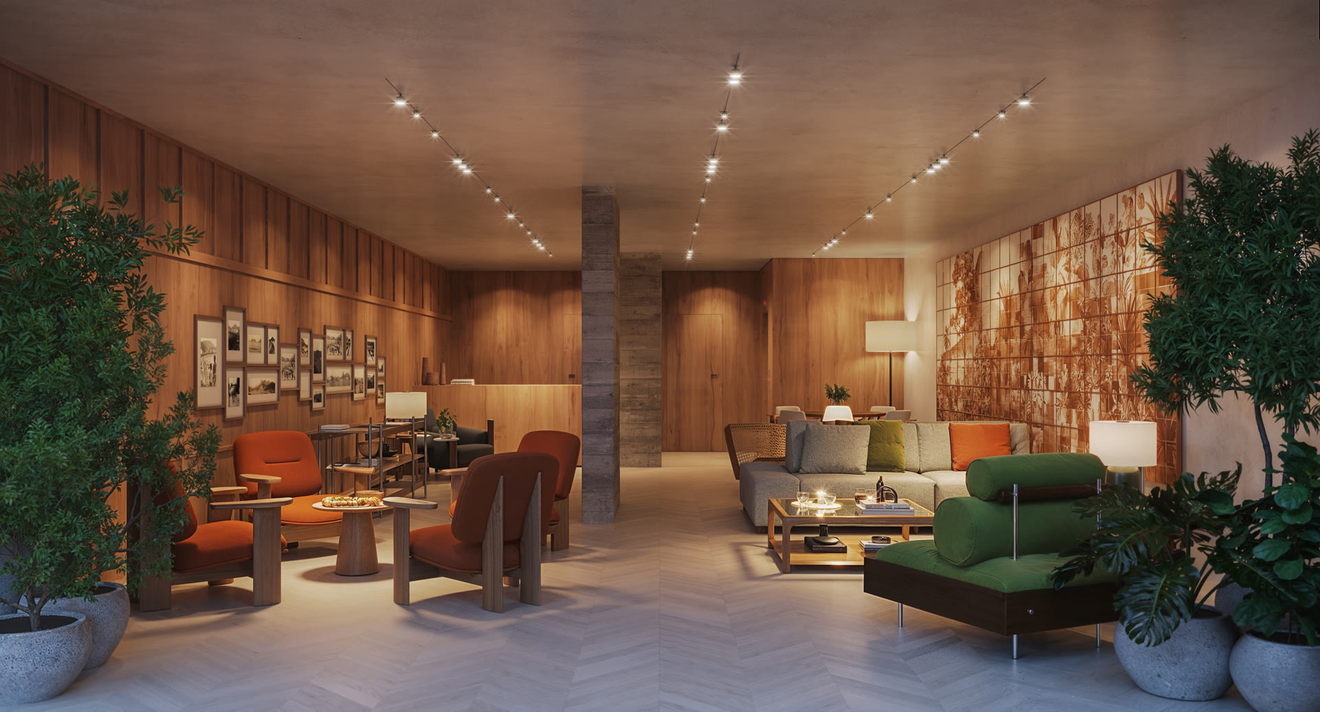 Lobby com parede de tijolinhos e mobiliário de design