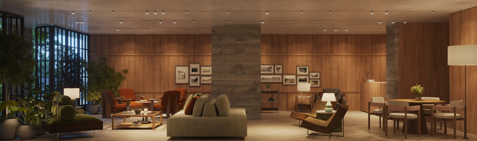 Lobby com painel de madeira e composição contemporânea