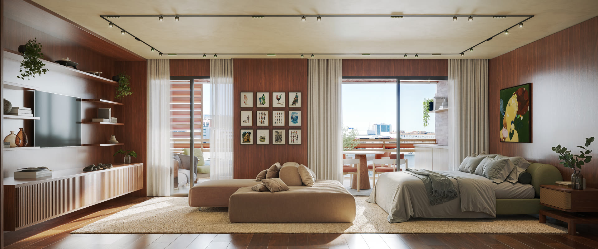 Studio grande com living integrado e marcenaria sob medida